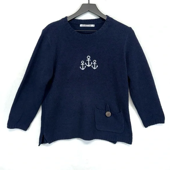 LULU B Sweater Womens Medium Blue White Nautical Anchor Coastal Pullover Beachy - Picture 8 of 8